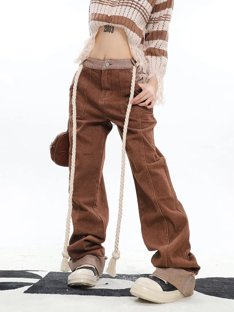 Araceli Solid Color Straight Leg Patchwork Long Denim Jeans Pants