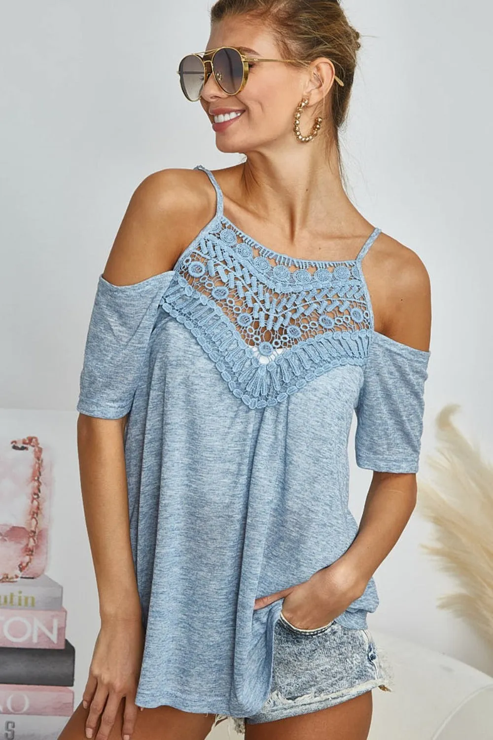 BiBi Front Crochet Lace Adjustable Strap Top in Vintage Denim