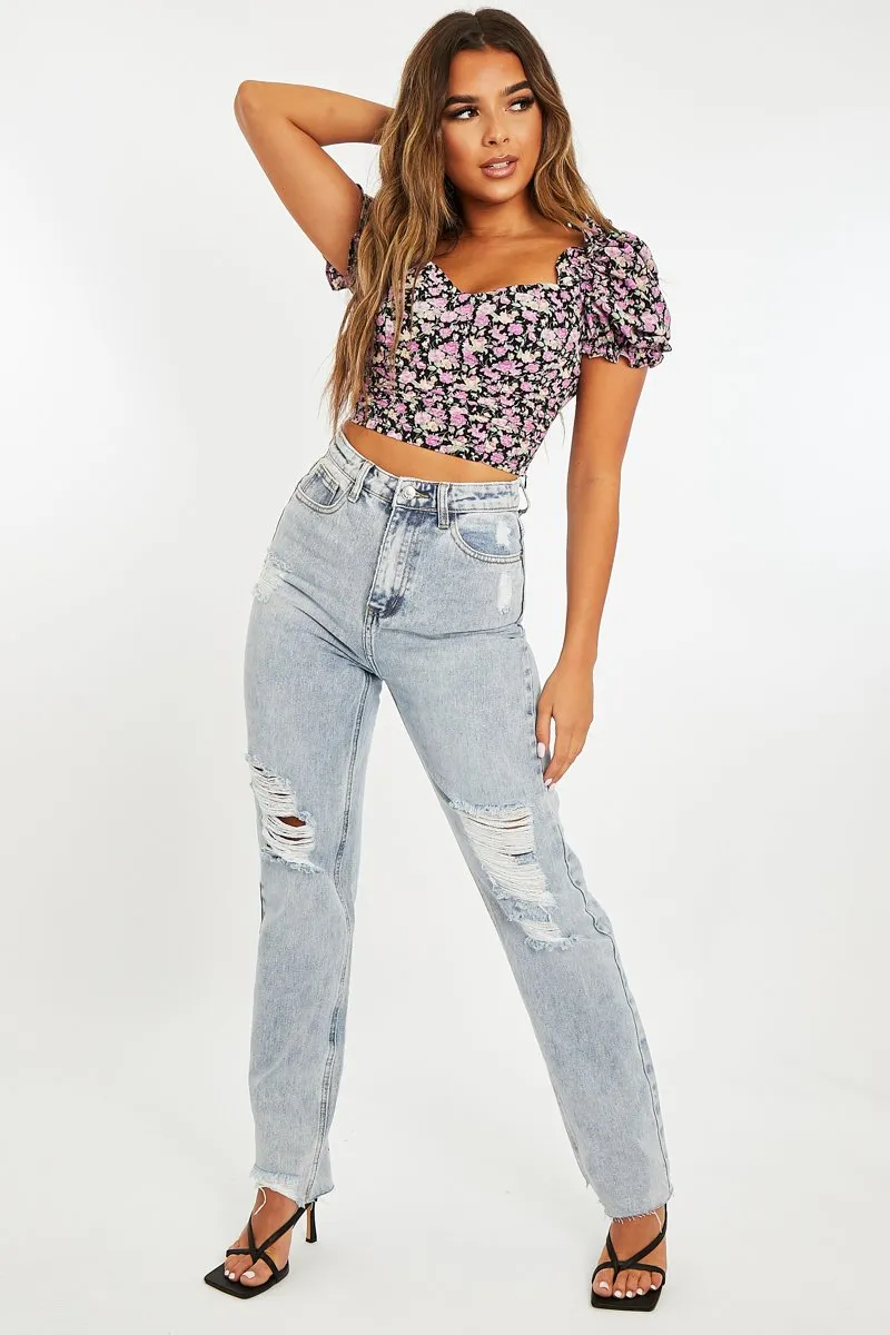 Blue Bleach Washed Distressed Straight Leg Jeans - Holly