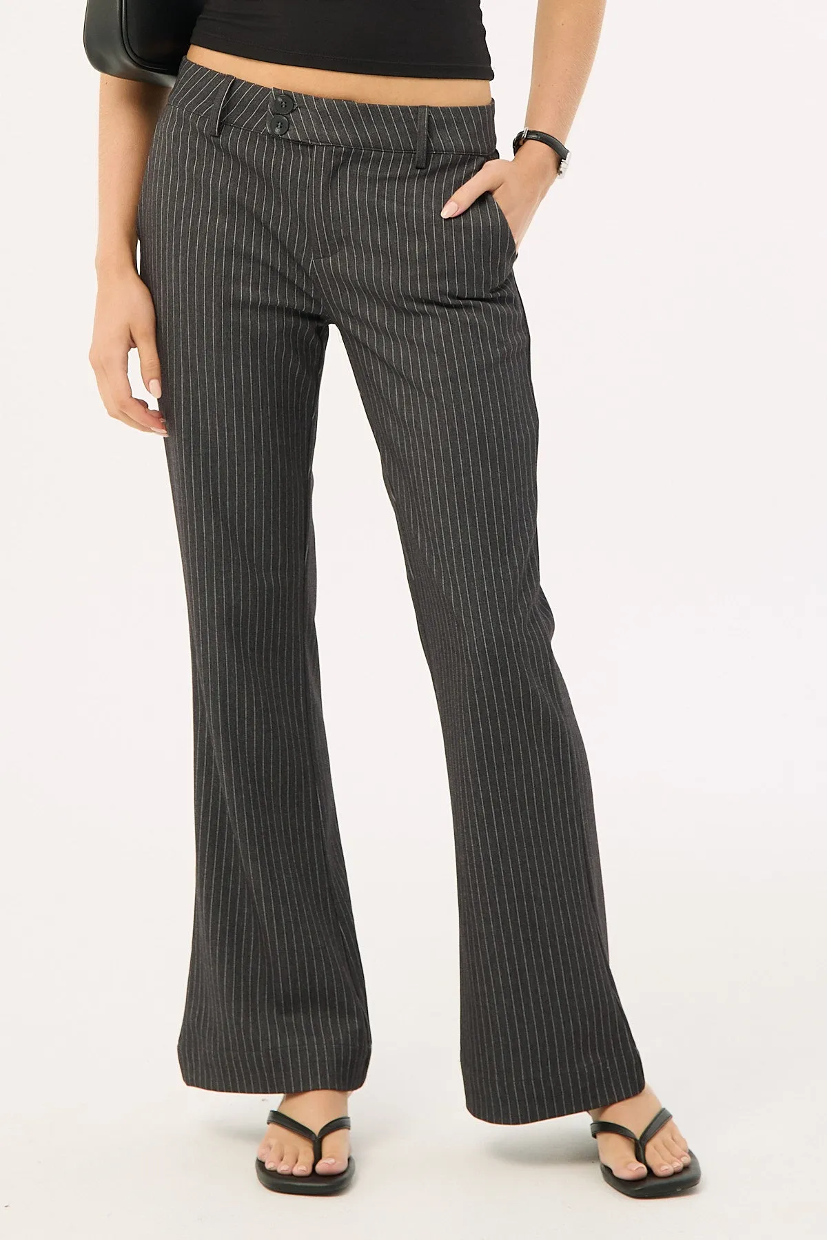 Luck & Trouble Starling Low Rise Bootcut Pant Grey Pinstripe