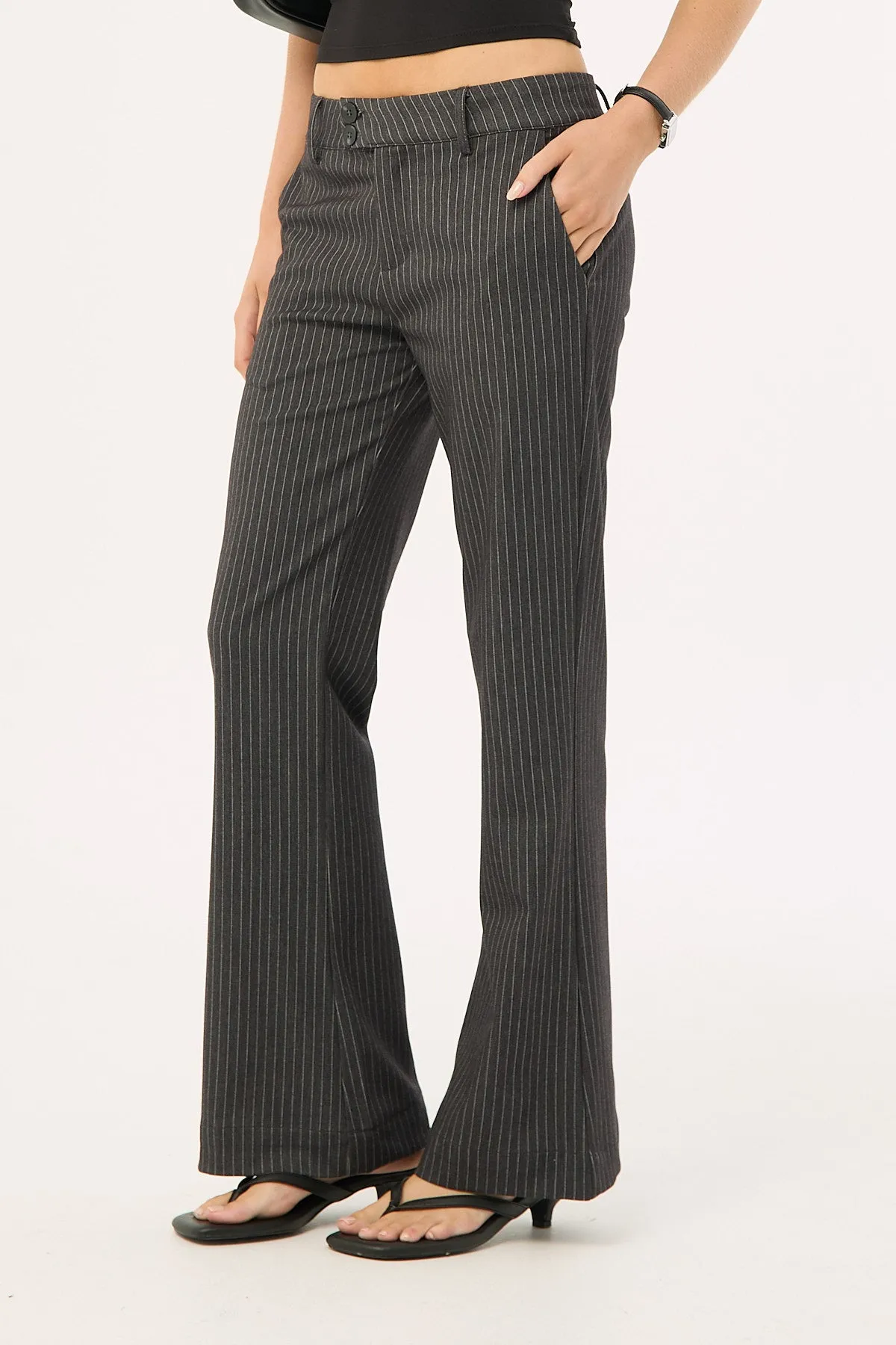 Luck & Trouble Starling Low Rise Bootcut Pant Grey Pinstripe