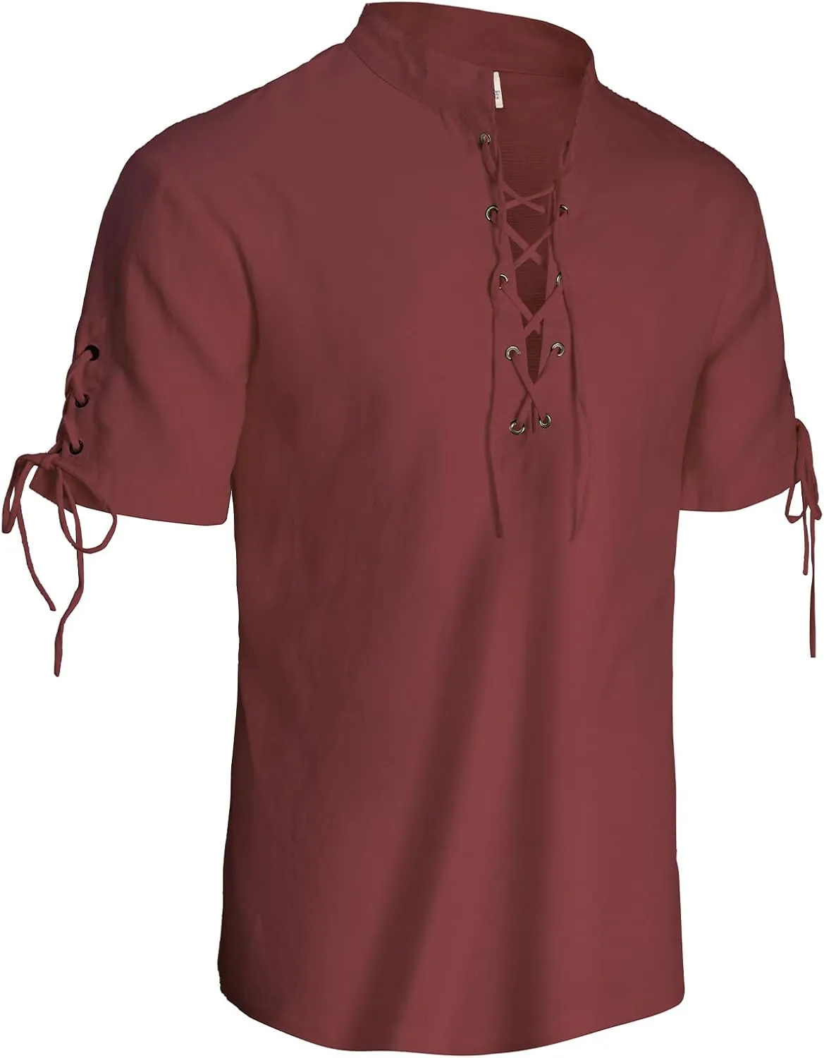 Mens Renaissance Shirt Pirate Medieval Viking Steampunk Top Lace Up V Neck Linen Short Sleeve Halloween Costume