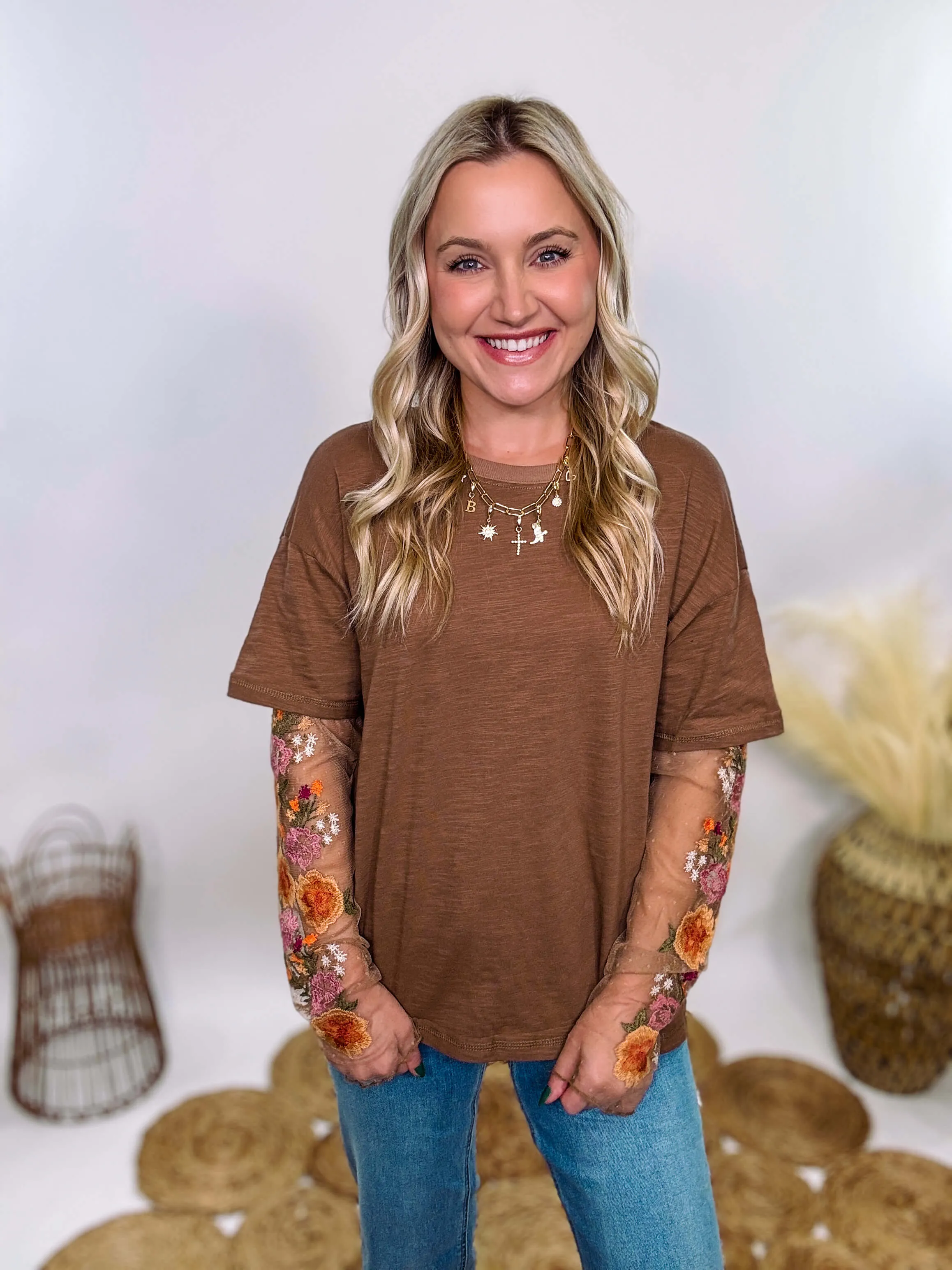 Mushroom Brown Oversized Tee with Layered Sheer Embroidered Floral Lace Mesh Sleeves