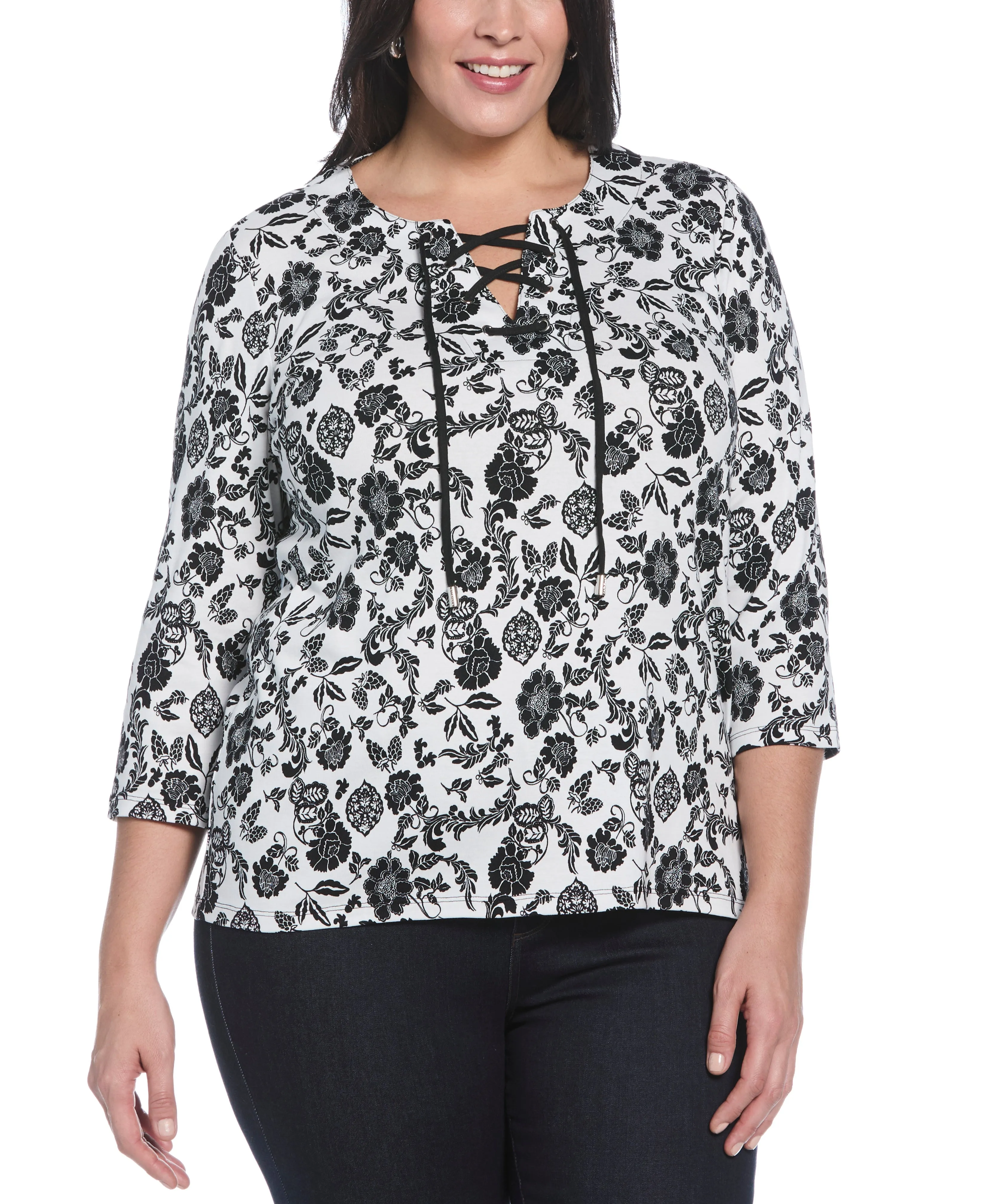 Plus Size Floral Print Lace Up Shirt