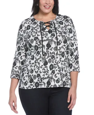 Plus Size Floral Print Lace Up Shirt