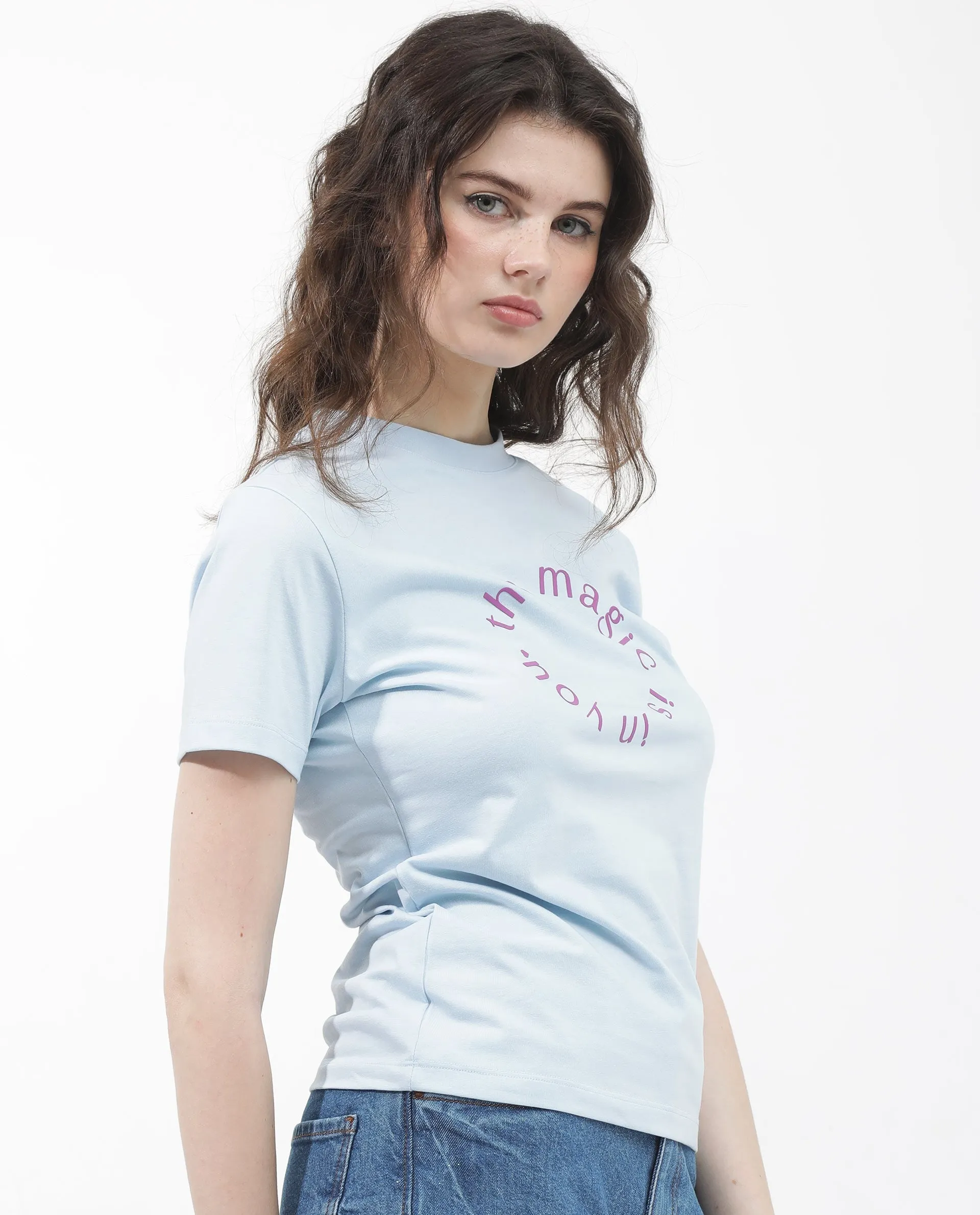 Rareism Women Karlie Light Blue Cotton Poly Fabric Short Sleeve Crew Neck Solid T-Shirt