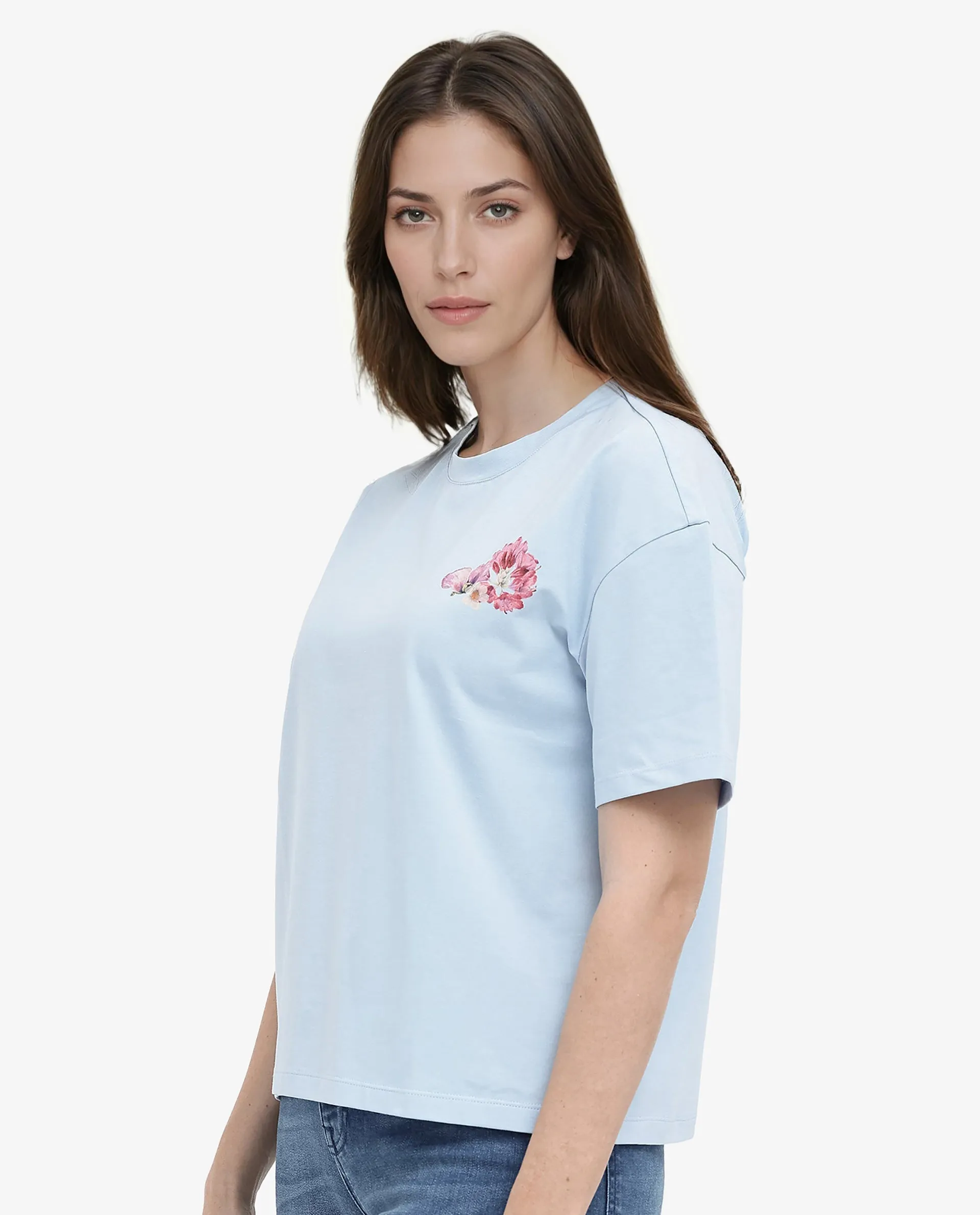 Rareism Women Purpulent Light Blue Cotton Elastane Fabric Crew Neck Knit Solid T-Shirt
