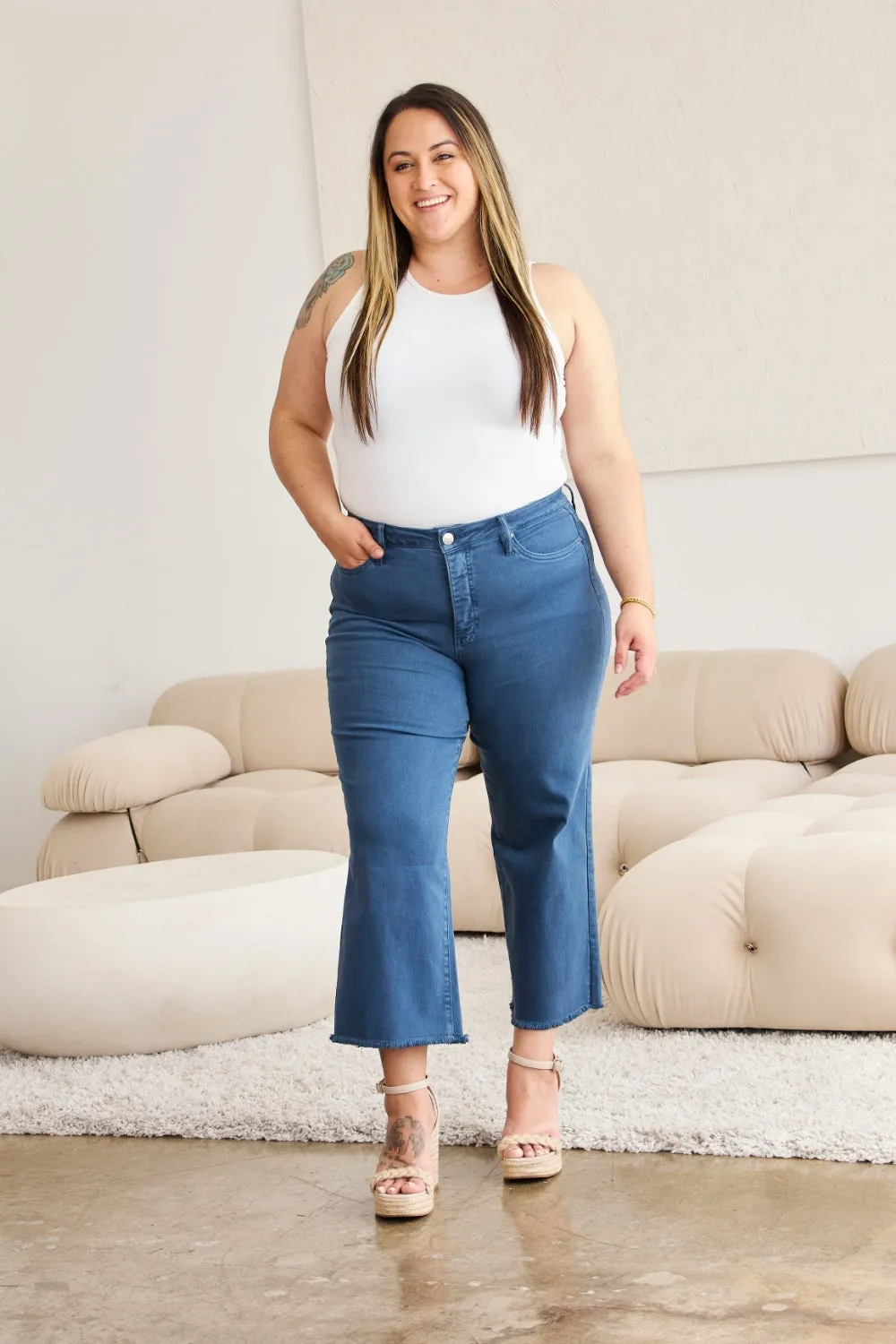 RFM Tummy Control High Waist Raw Hem Cropped Jeans - Blue Slate