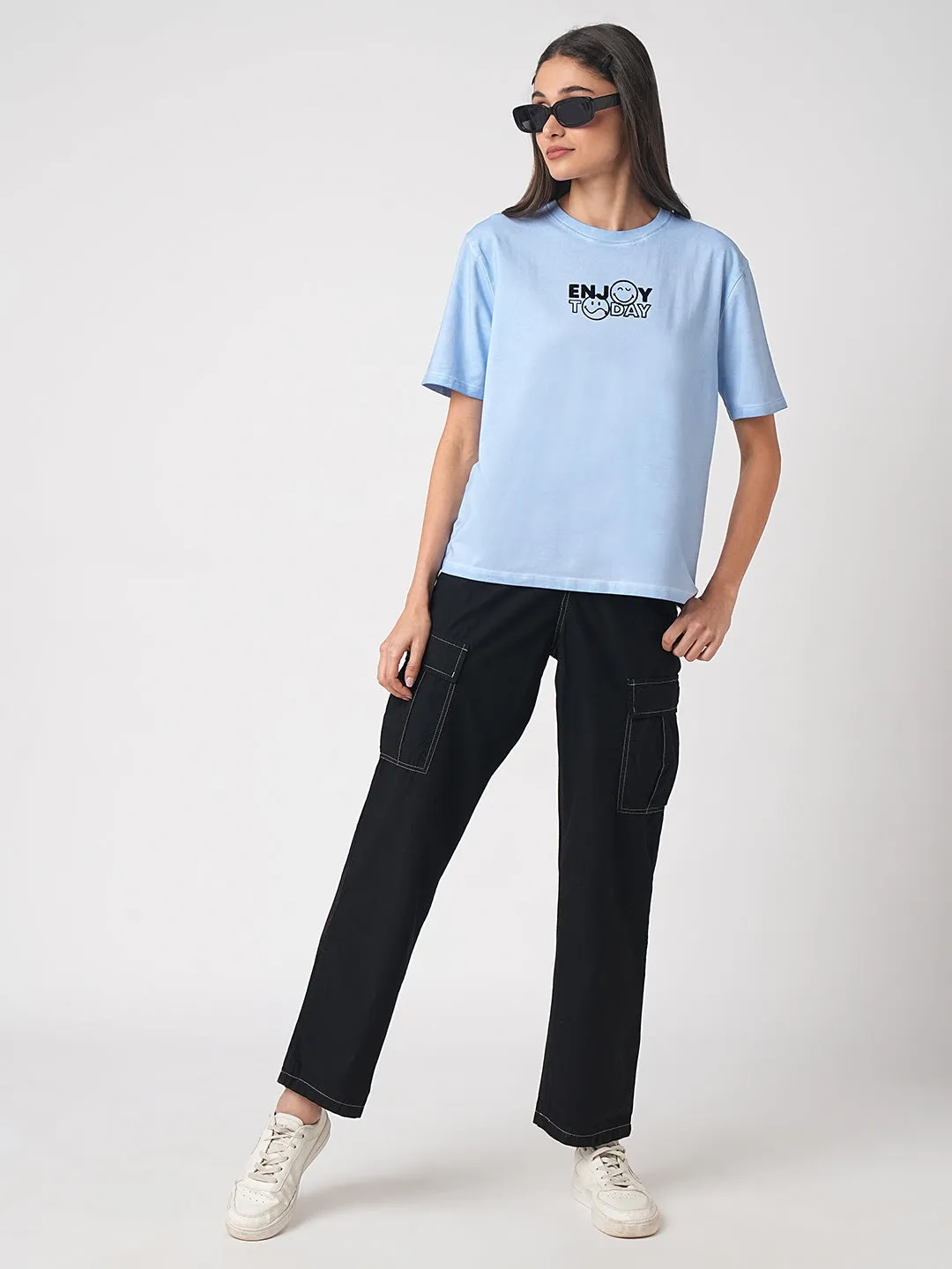 Women Chest Printed Sky Cold Dye Boxy T-Shirt
