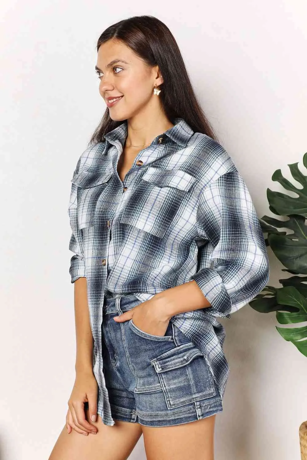 Women's Double Take Plaid Dropped Shoulder Shirt